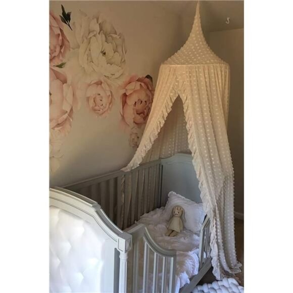 Elegant Kids Bed Canopy - Lace Chiffon Netting with Pom Pom, Princess Girls Tent - Picture 4 of 7